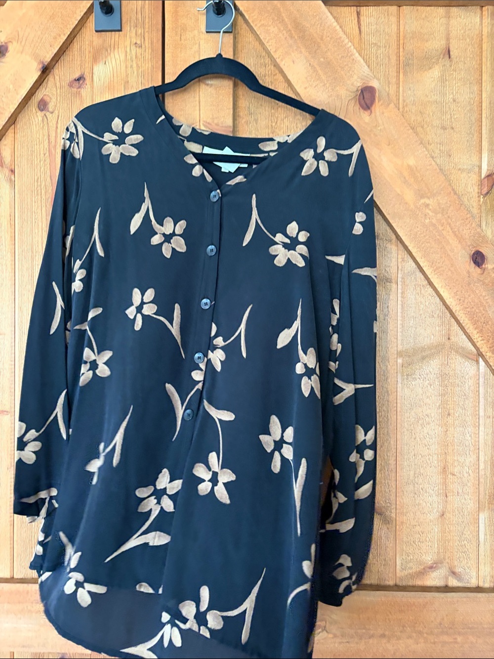 Jones New York Black Blouse with Beige Floral Print